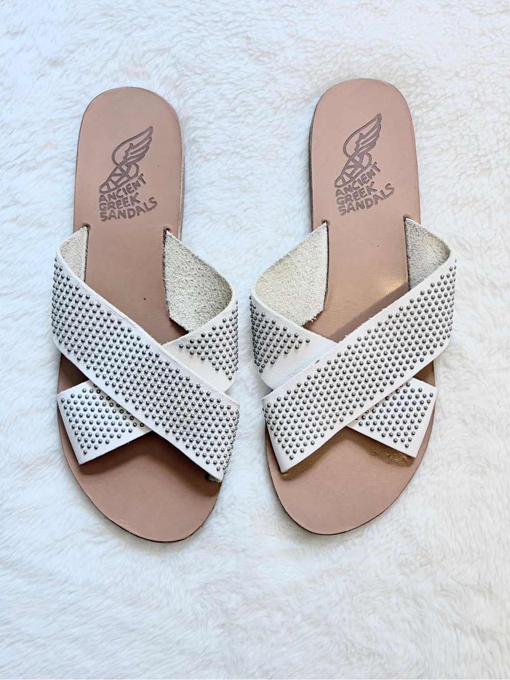 Ancient Greek Sandals White Studded Crossband Slide Sandals